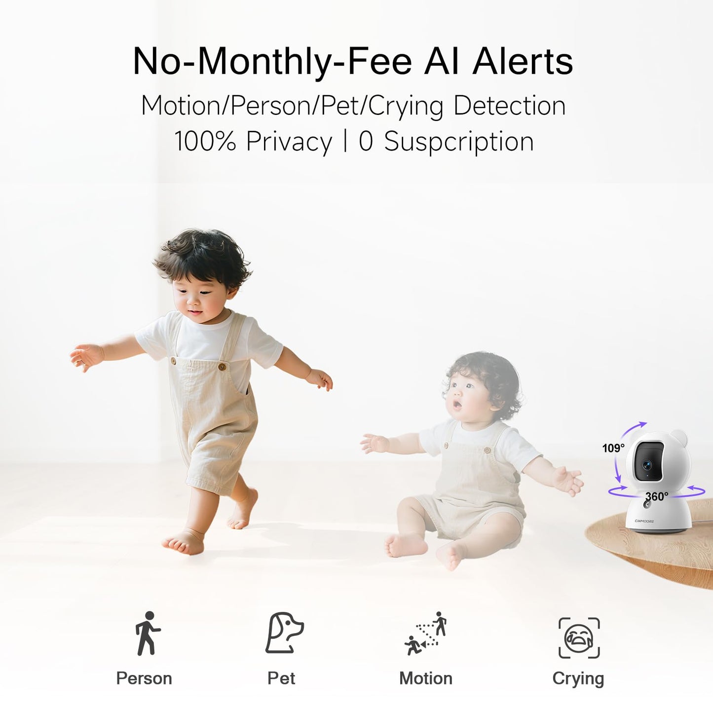 CINMOORE Security Camera Indoor, Non-Subscription AI Person/Pet/Cry Detection