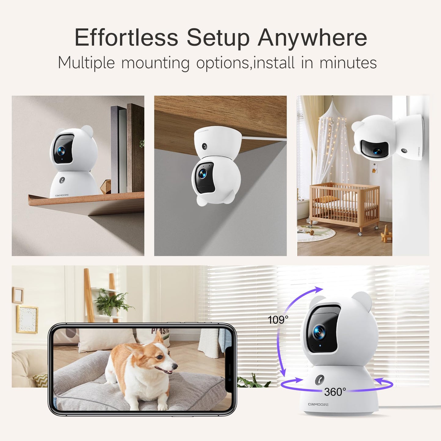 CINMOORE Security Camera Indoor, Non-Subscription AI Person/Pet/Cry Detection