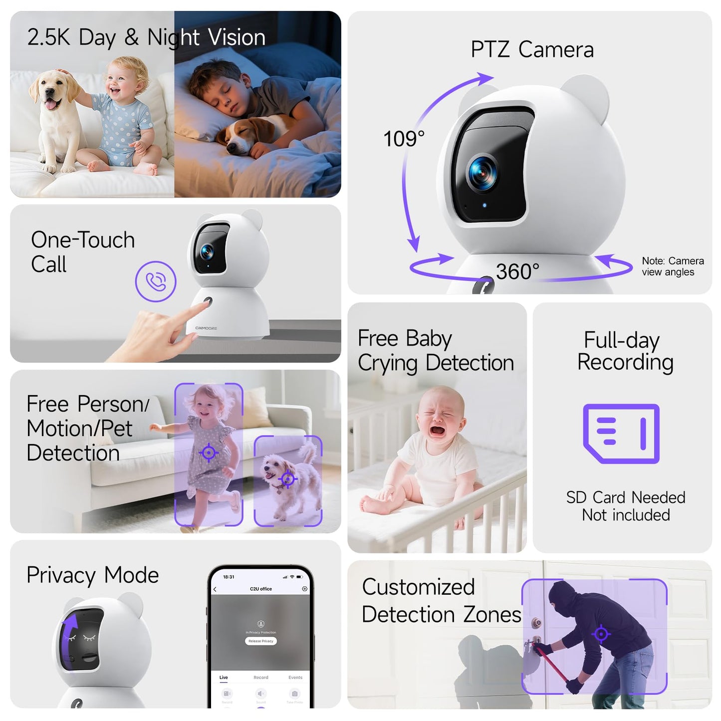 CINMOORE Security Camera Indoor, Non-Subscription AI Person/Pet/Cry Detection