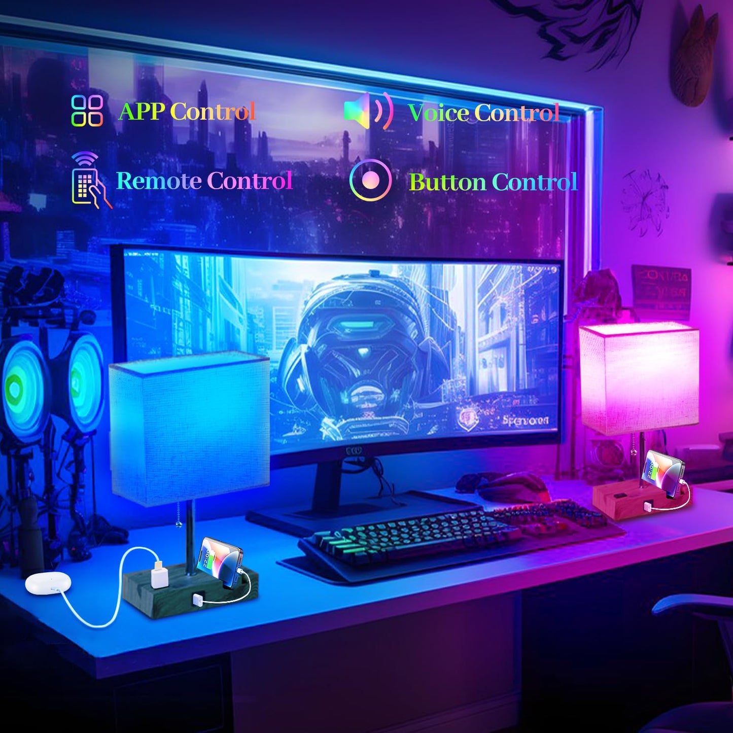 Smart RGB Table Lamp with App Control, Music Sync & Charging Ports