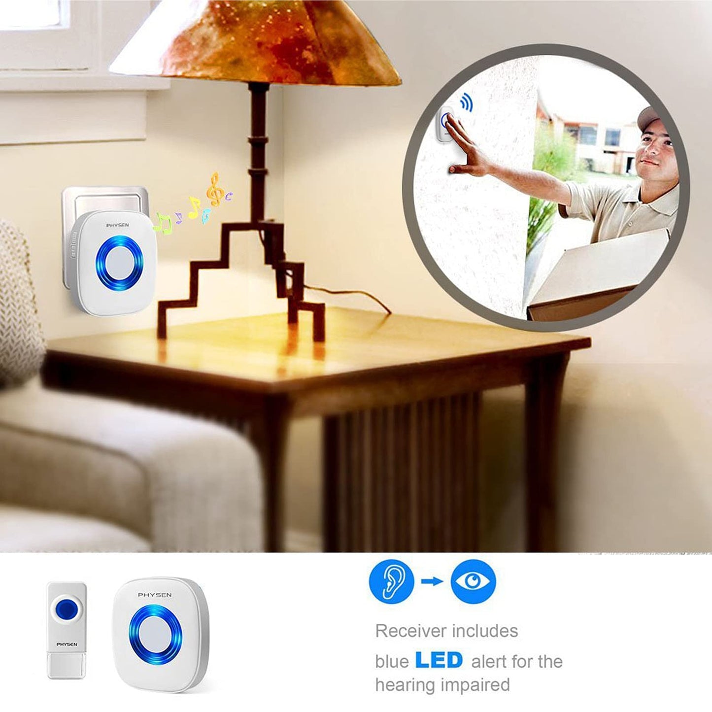 PHYSEN Wireless Doorbell Chime Kit with LED Flash – 2 Button 4 Receiver