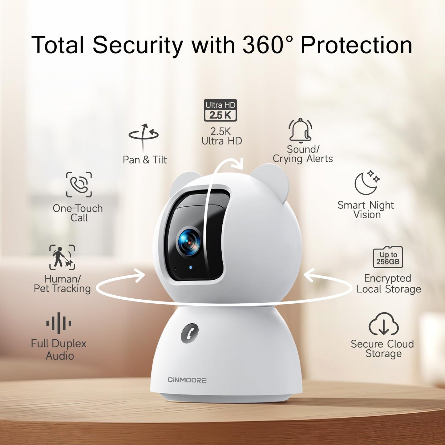 CINMOORE Security Camera Indoor, Non-Subscription AI Person/Pet/Cry Detection