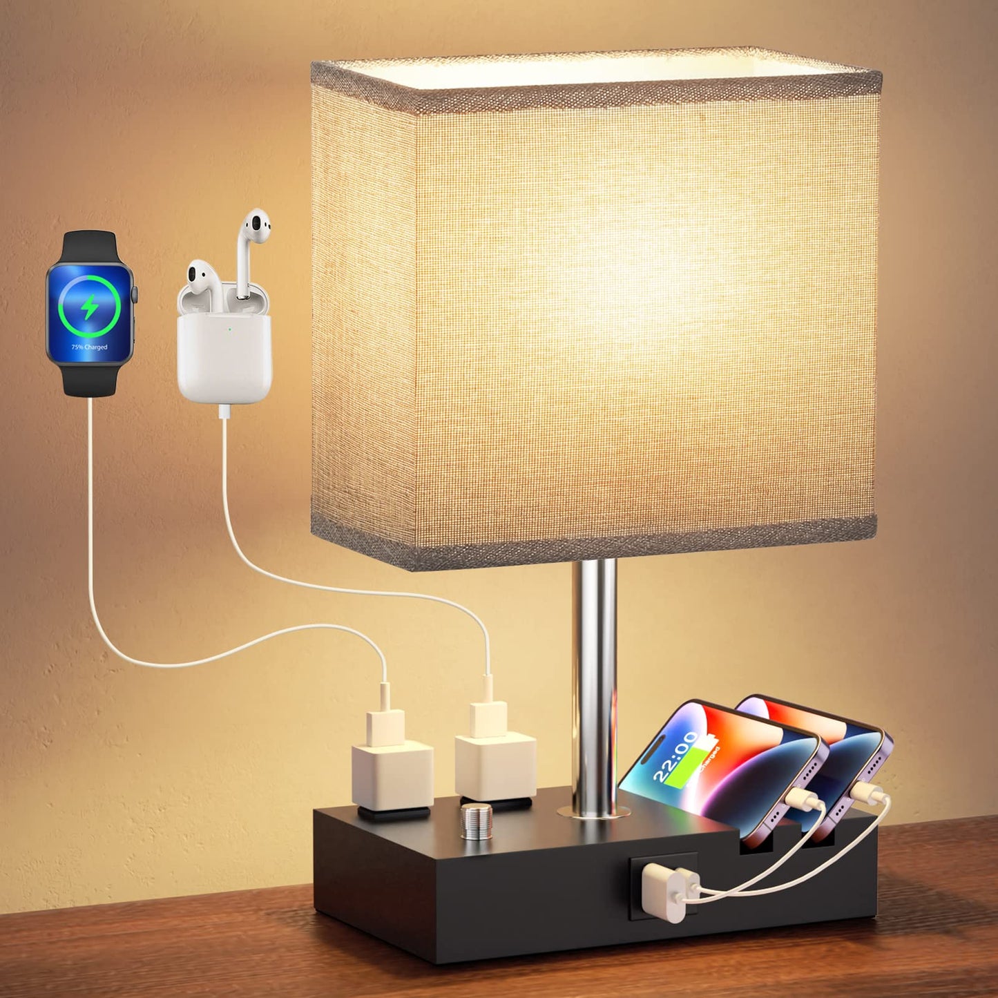 Kakanuo Fully Dimmable Bedside Lamp for Bedroom with USB C Ports