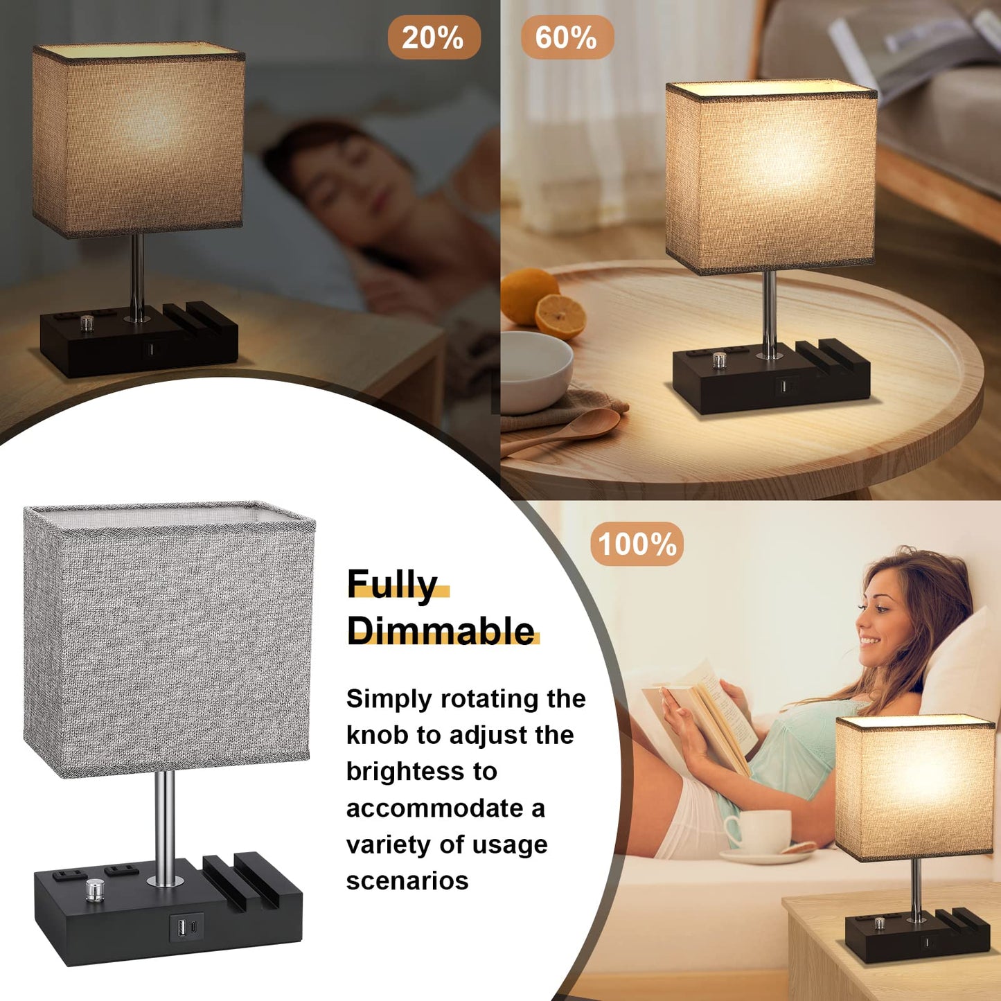 Kakanuo Fully Dimmable Bedside Lamp for Bedroom with USB C Ports