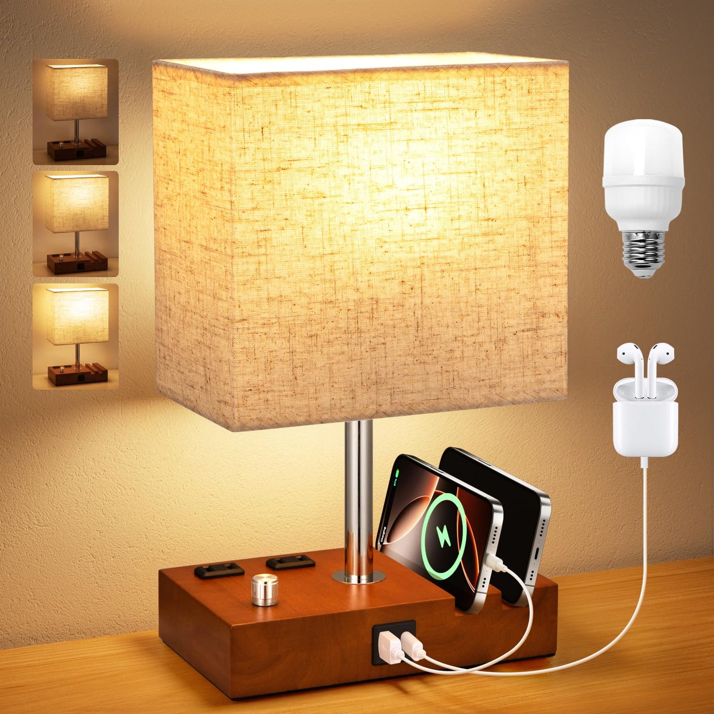 Kakanuo Fully Dimmable Bedside Lamp for Bedroom with USB C Ports