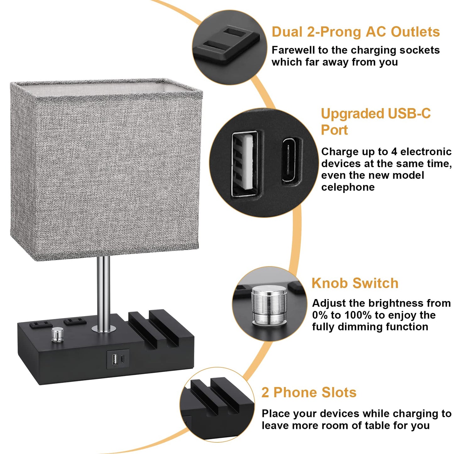 Kakanuo Fully Dimmable Bedside Lamp for Bedroom with USB C Ports